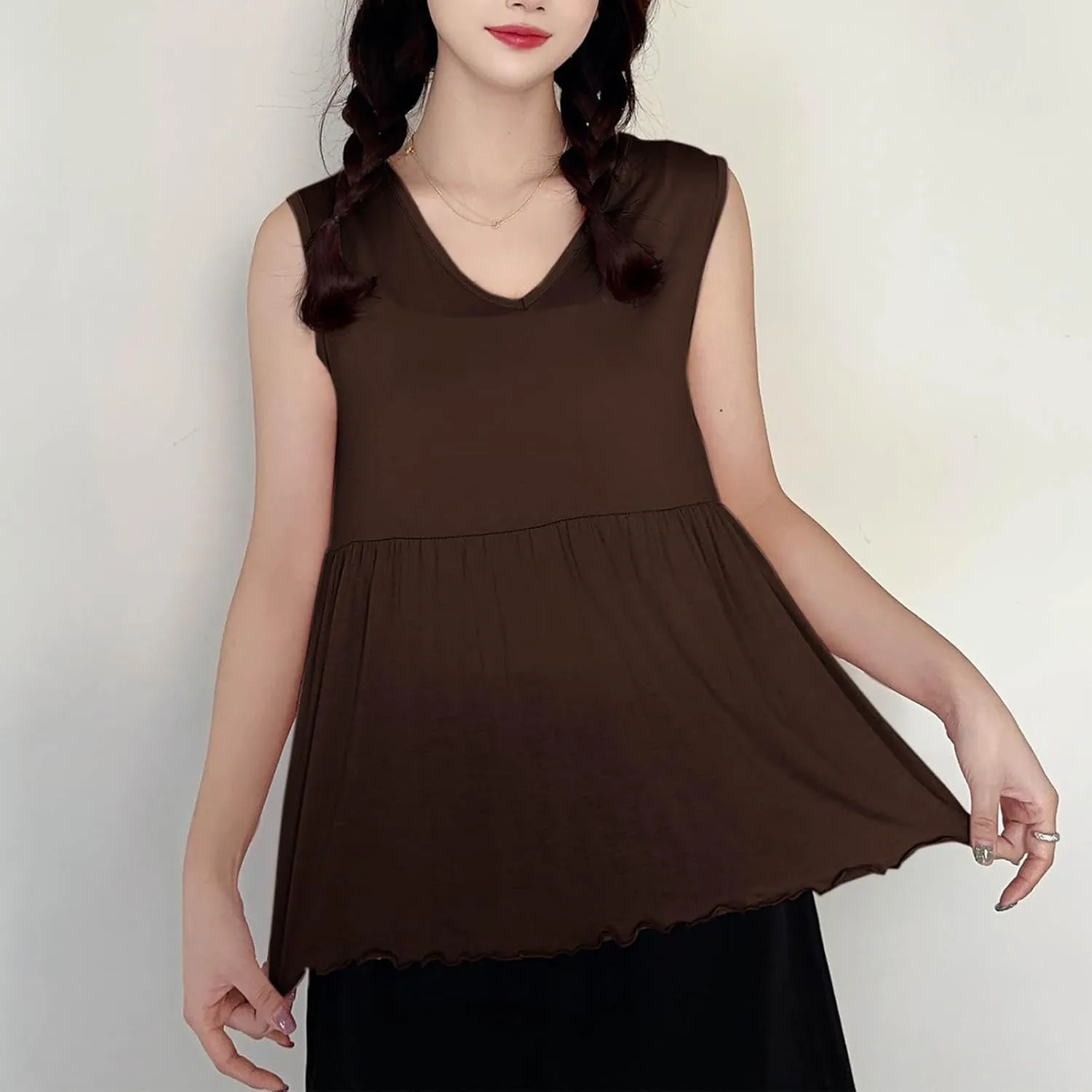 Modal Casual Tank Tops for Women, V-Neck Loose Sleeveless Summer Daily Shirts Comfy Breathable Ruffle Hem Clothes