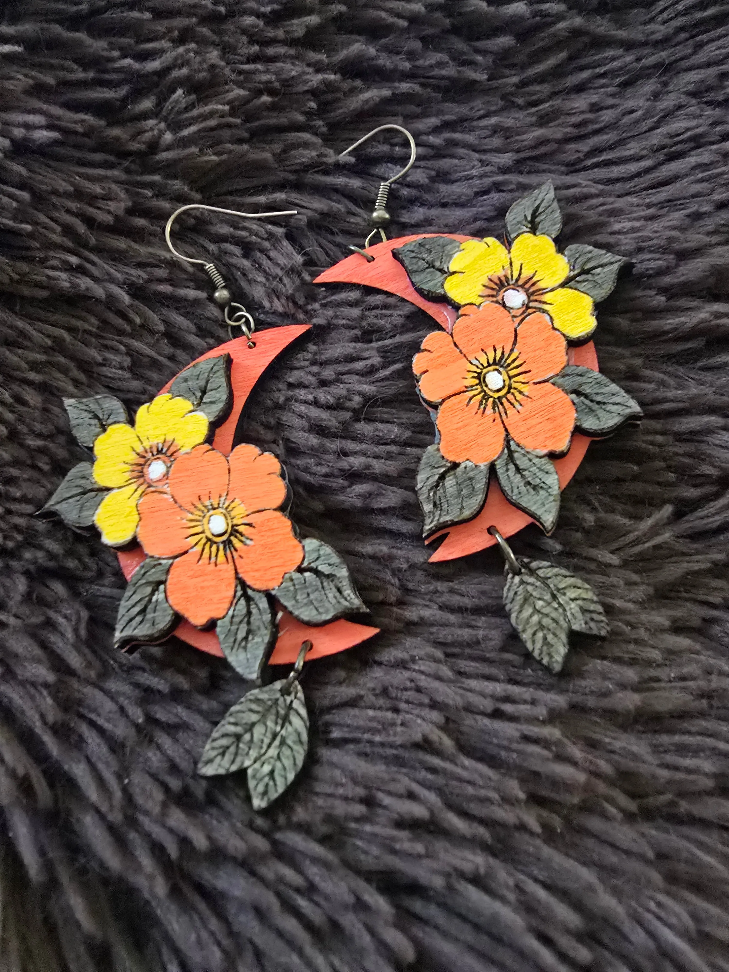 Moon Flower Wooden Earrings