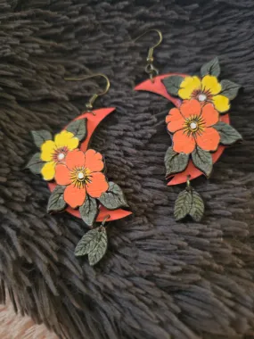 Moon Flower Wooden Earrings