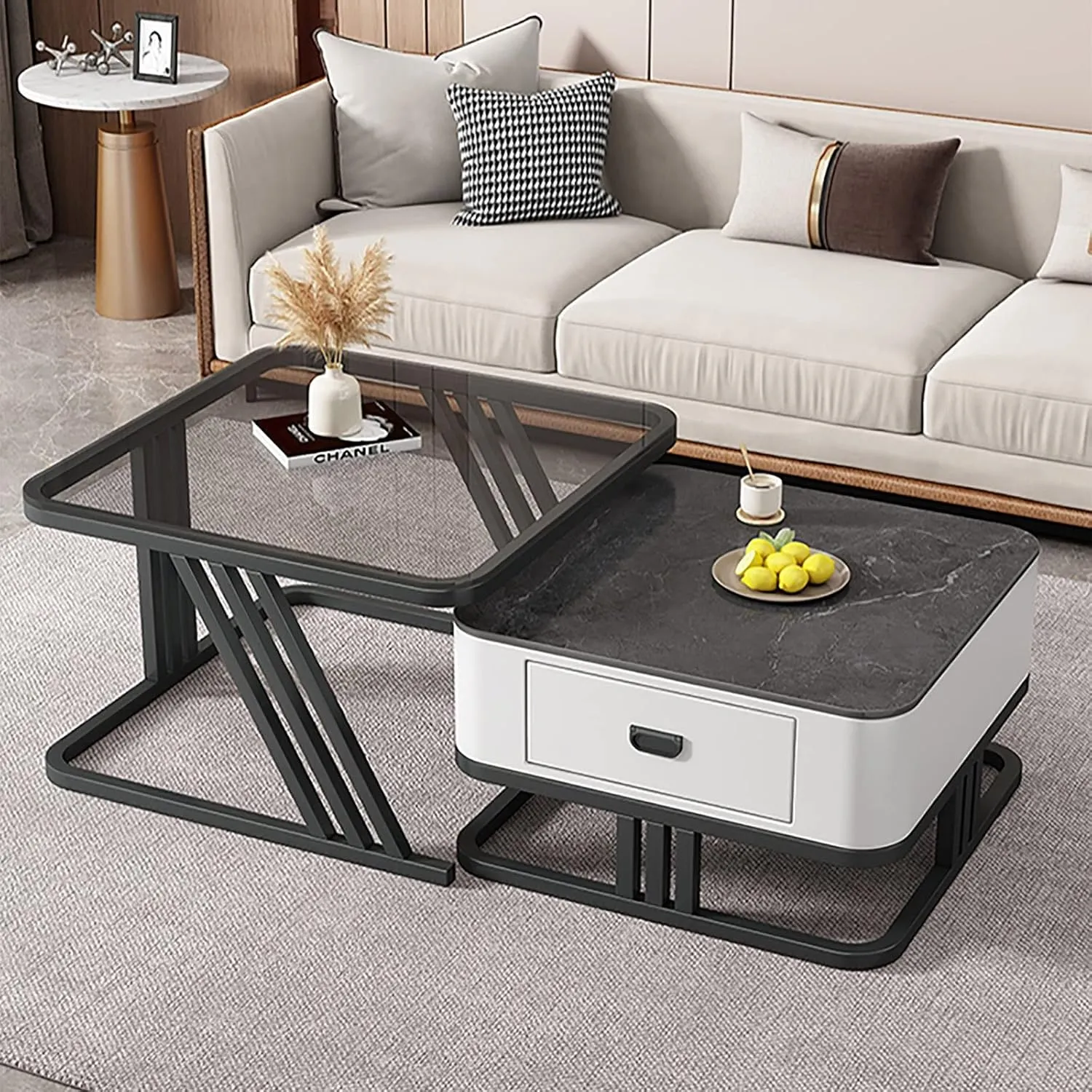 Nesting Square Glass Top Coffee Table With Marble Top Drawer Table Xt-11