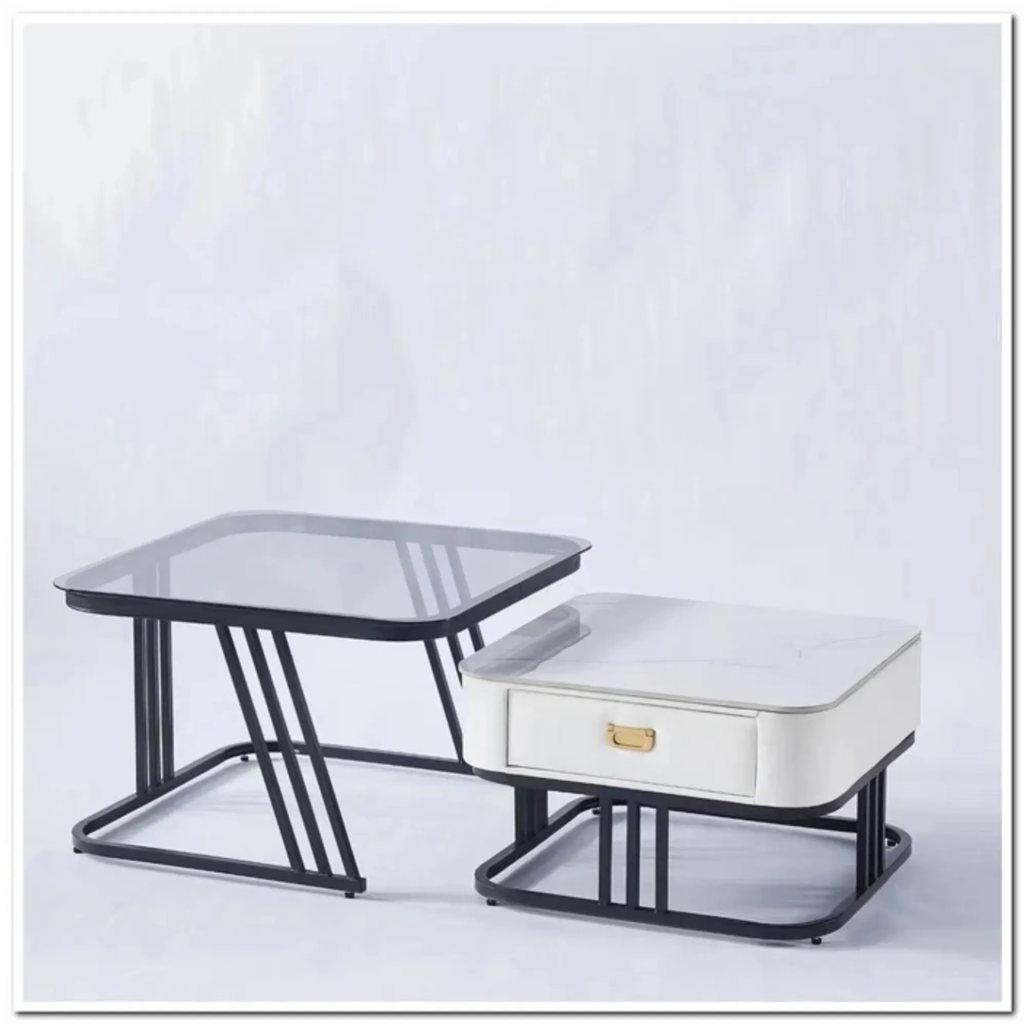 Nesting Square Glass Top Coffee Table With Marble Top Drawer Table Xt-11