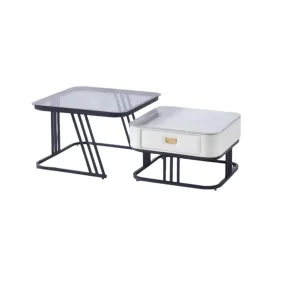 Nesting Square Glass Top Coffee Table With Marble Top Drawer Table Xt-11