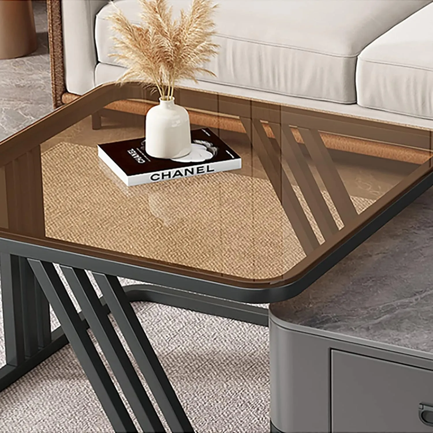Nesting Square Glass Top Coffee Table With Marble Top Drawer Table Xt-11