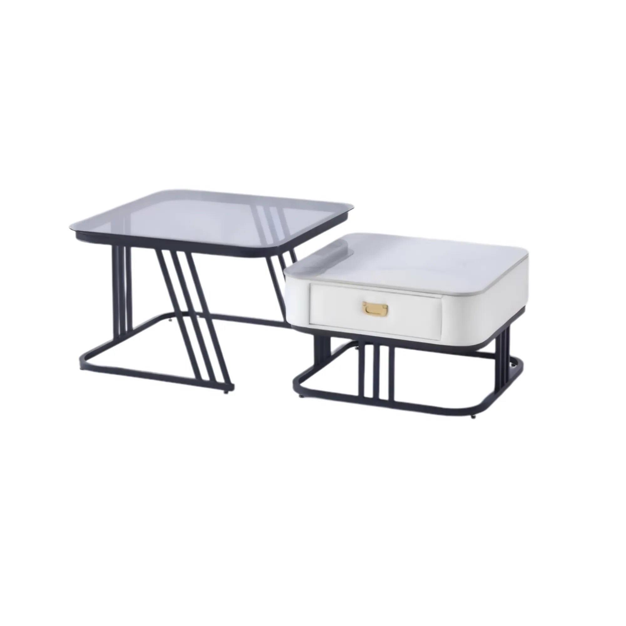 Nesting Square Glass Top Coffee Table With Marble Top Drawer Table Xt-11