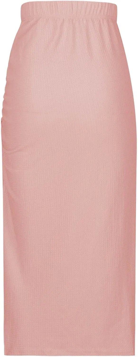 Oplxuo Midi Skirt for Women Summer Casual High Waist Ruched Stretchy Pencil Bodycon Skirt with Slit