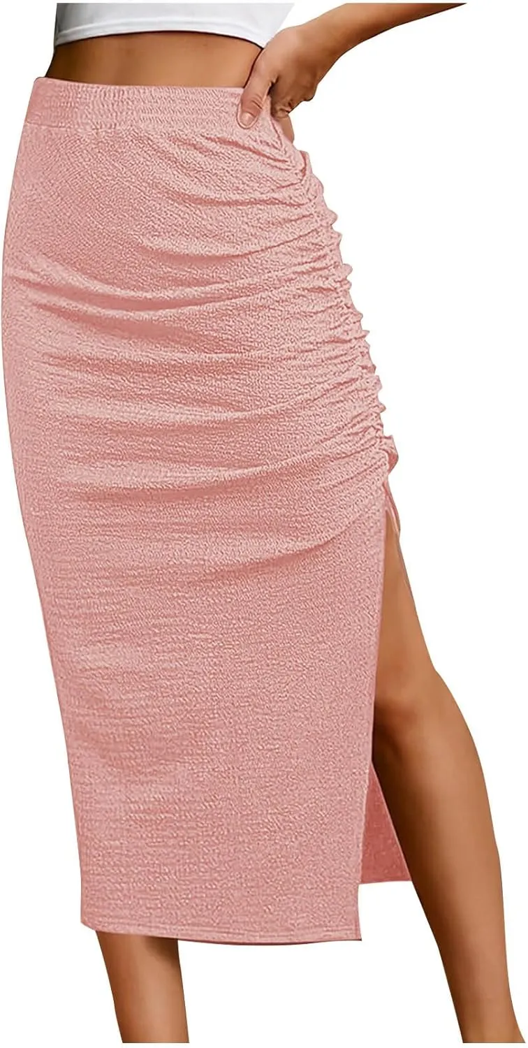 Oplxuo Midi Skirt for Women Summer Casual High Waist Ruched Stretchy Pencil Bodycon Skirt with Slit
