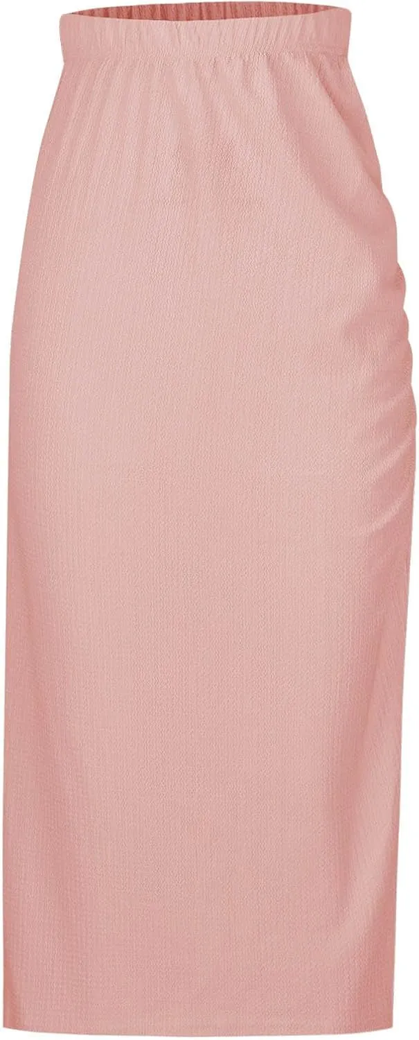 Oplxuo Midi Skirt for Women Summer Casual High Waist Ruched Stretchy Pencil Bodycon Skirt with Slit