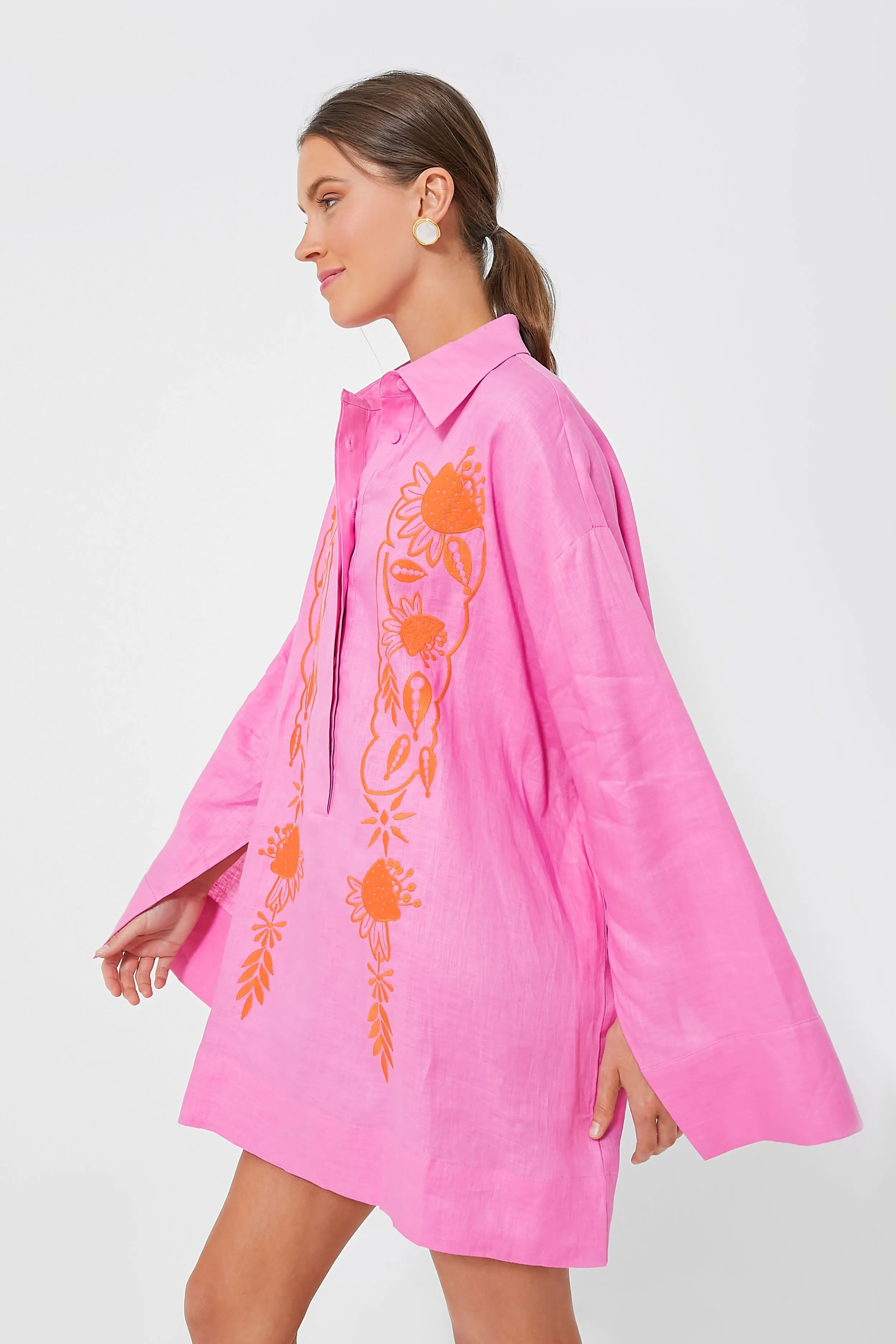 Pink Embroidered Hemp Mini Dress