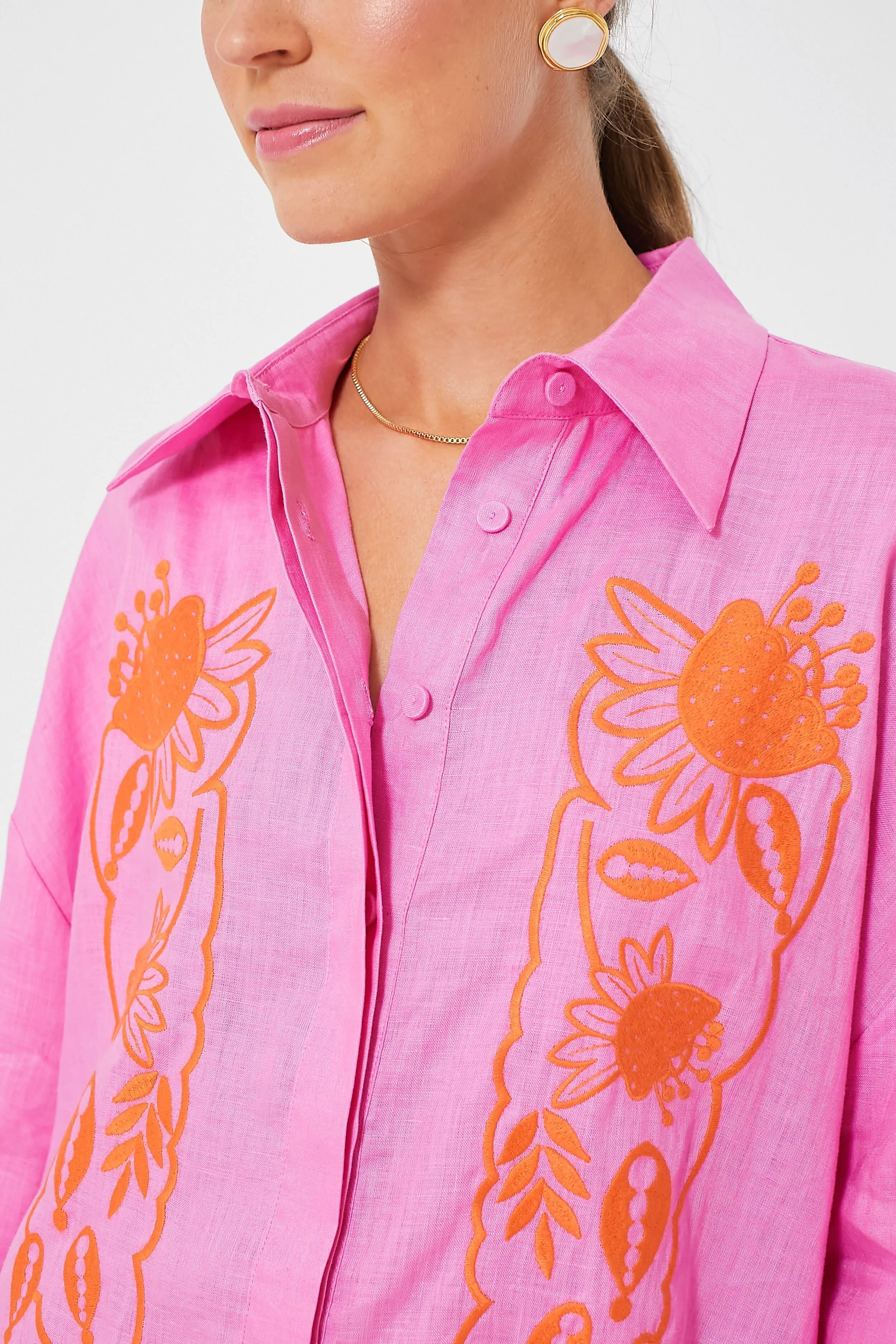 Pink Embroidered Hemp Mini Dress