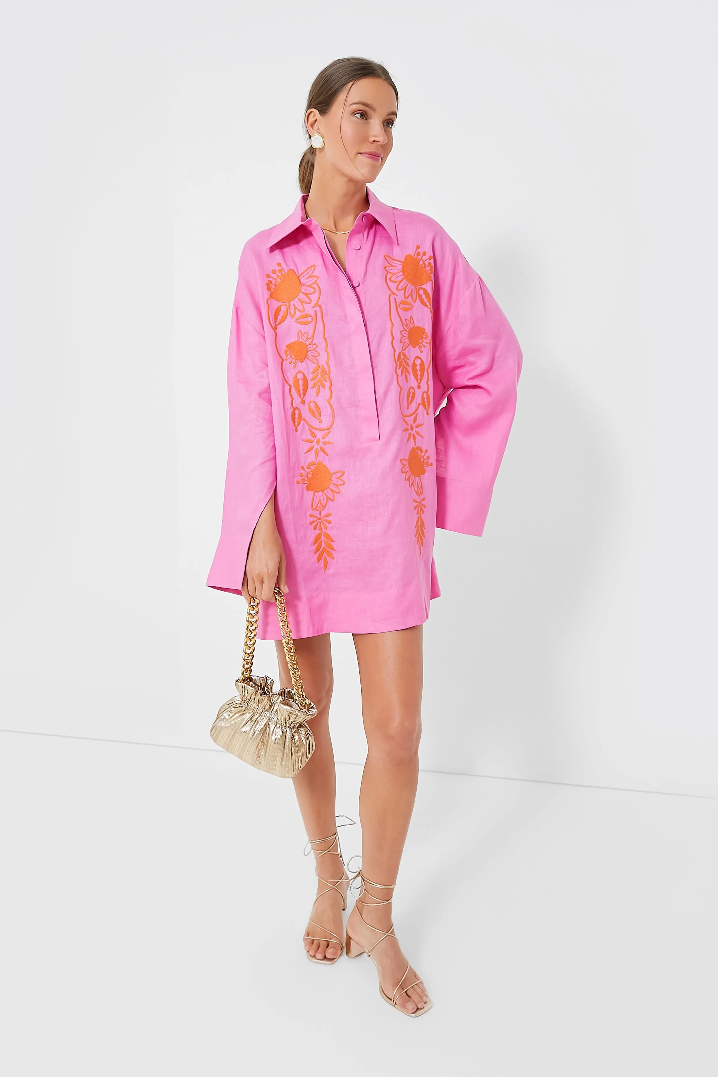Pink Embroidered Hemp Mini Dress