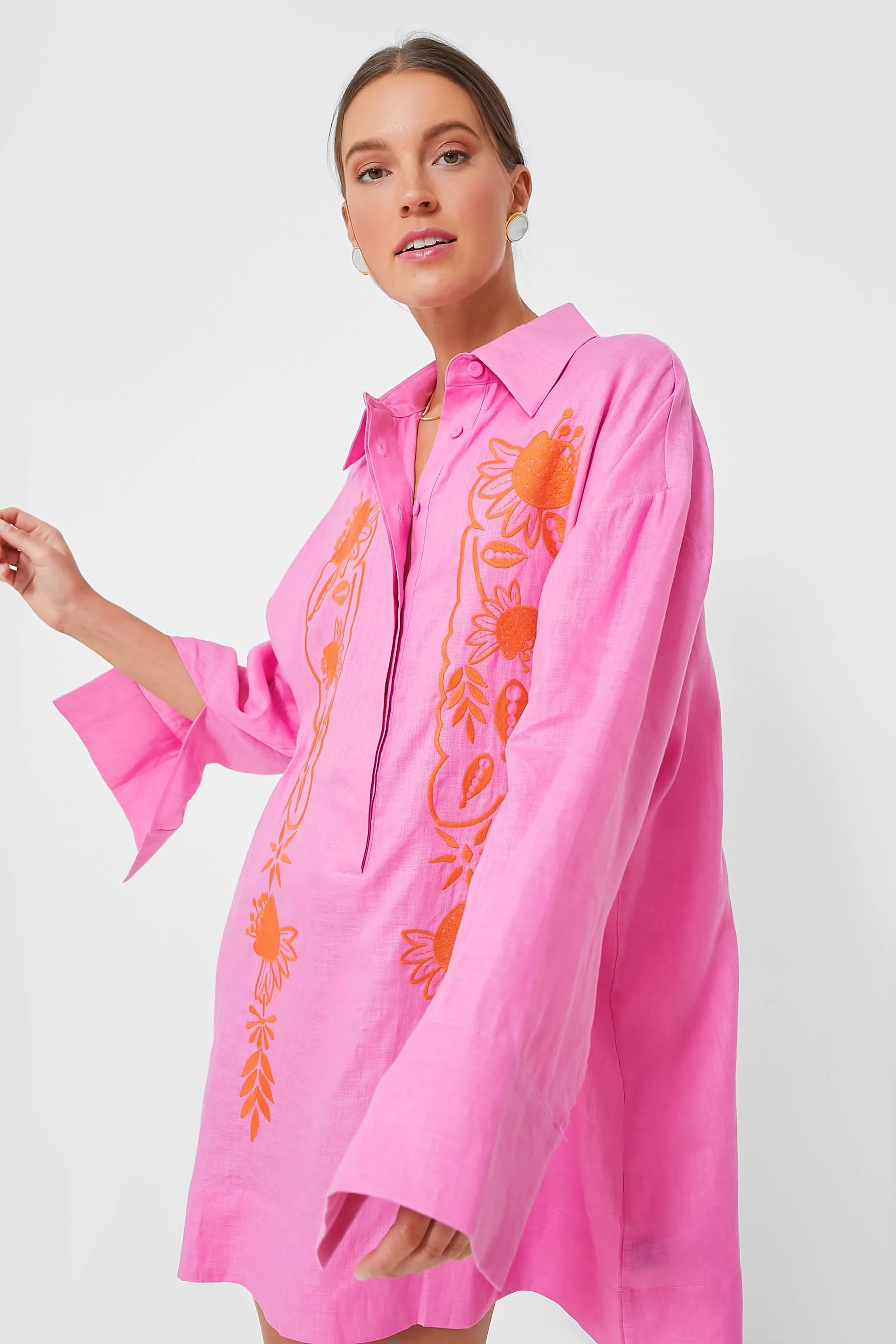 Pink Embroidered Hemp Mini Dress