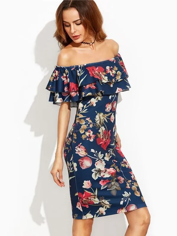 Pretty Floral Off-the-shoulder Mini Bodycon Dress