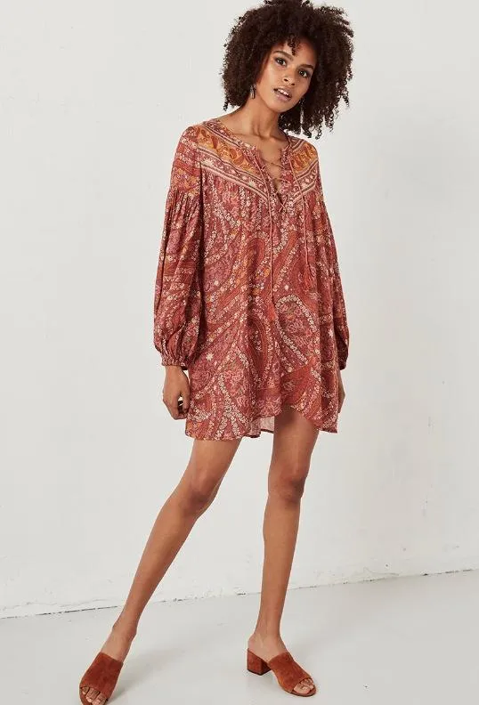 Retro Boho Lace Up V-Neck Floral Print Mini Dress