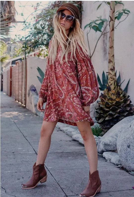 Retro Boho Lace Up V-Neck Floral Print Mini Dress