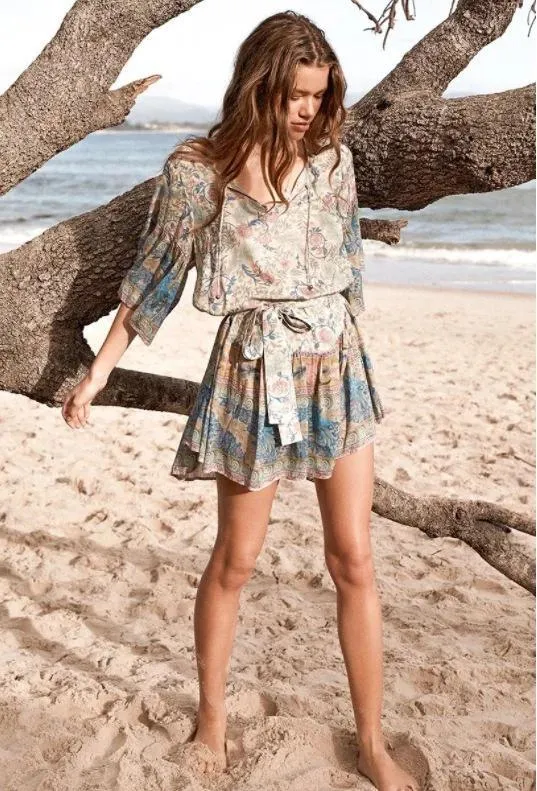 Round Neck Bell Tie Lace Bohemian Print Mini Dress