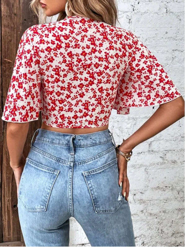 Scarlet Bloom V-Neck Front Knot Top