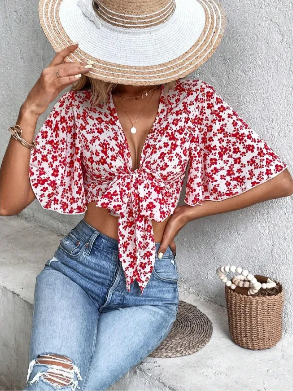 Scarlet Bloom V-Neck Front Knot Top