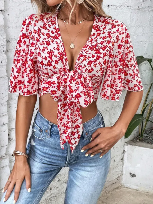 Scarlet Bloom V-Neck Front Knot Top