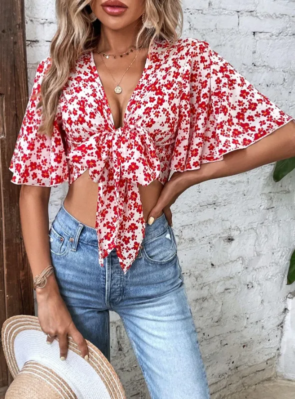 Scarlet Bloom V-Neck Front Knot Top