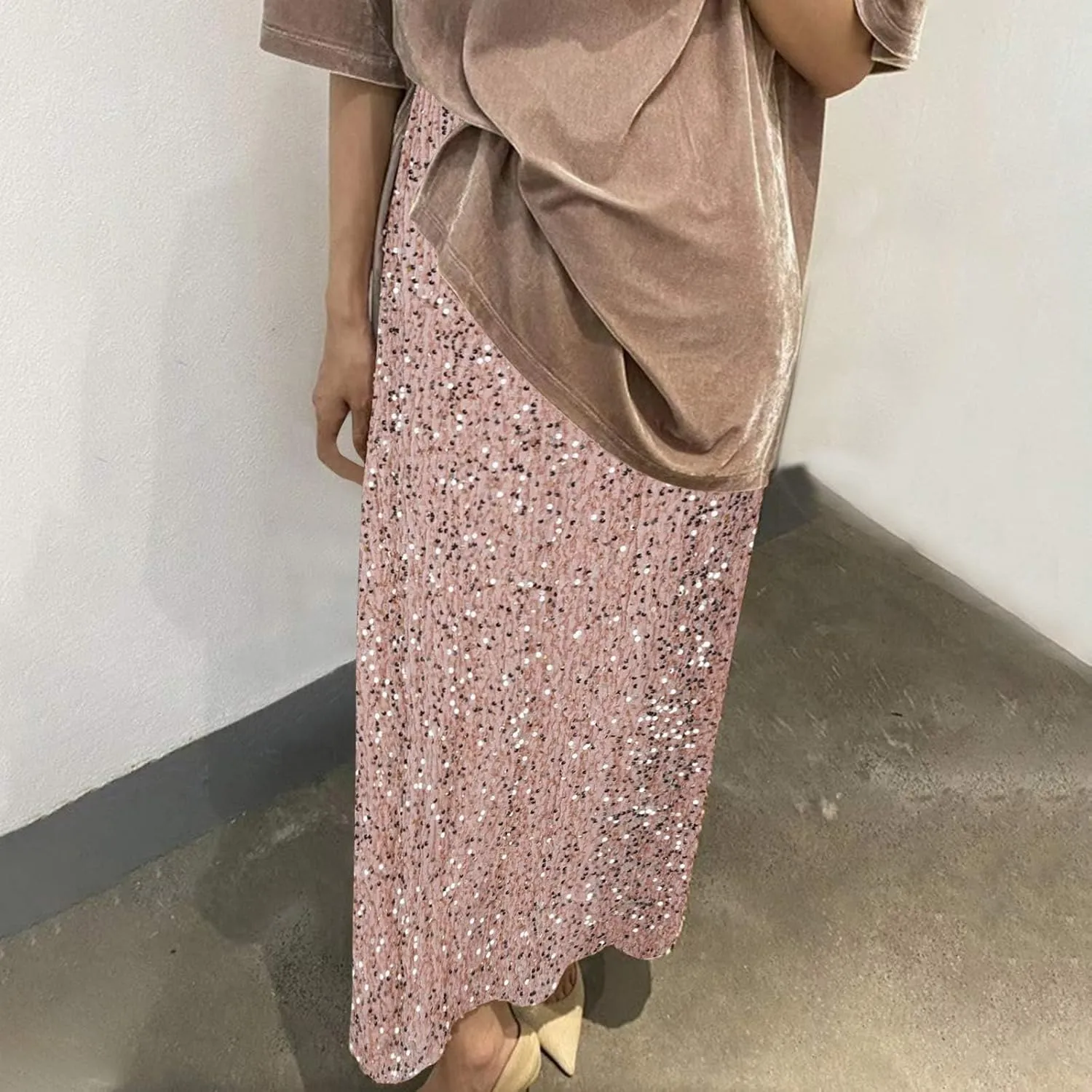 Sequin Party Maxi Skirts for Women High Waisted Plus Size Stretchy Sparkly Skirt Elegant Cocktail Dress