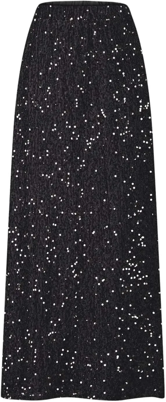 Sequin Party Maxi Skirts for Women High Waisted Plus Size Stretchy Sparkly Skirt Elegant Cocktail Dress