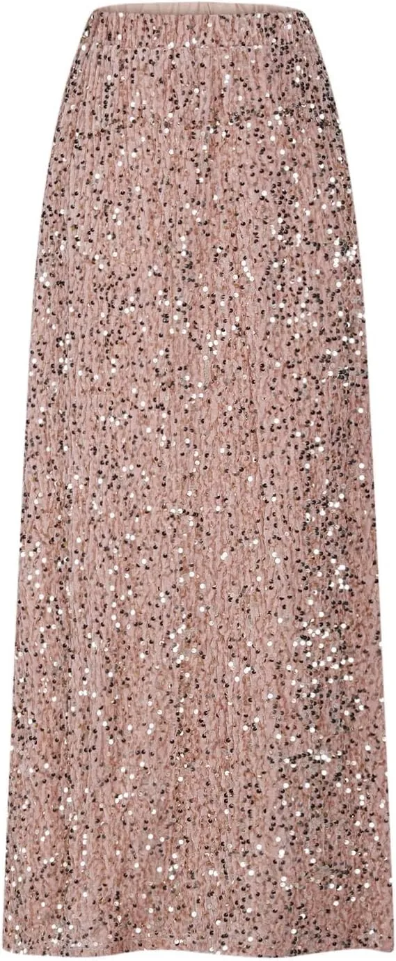 Sequin Party Maxi Skirts for Women High Waisted Plus Size Stretchy Sparkly Skirt Elegant Cocktail Dress