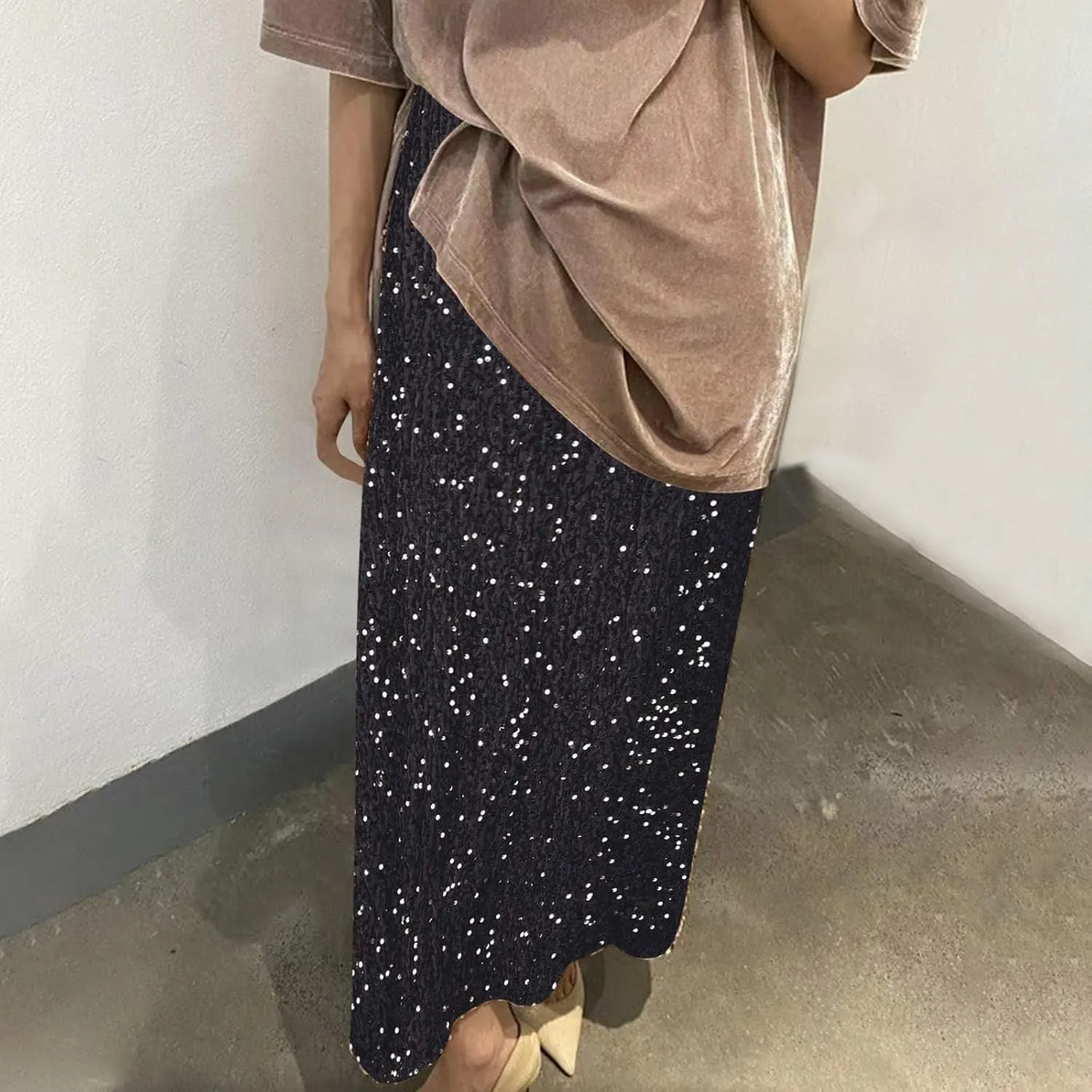 Sequin Party Maxi Skirts for Women High Waisted Plus Size Stretchy Sparkly Skirt Elegant Cocktail Dress
