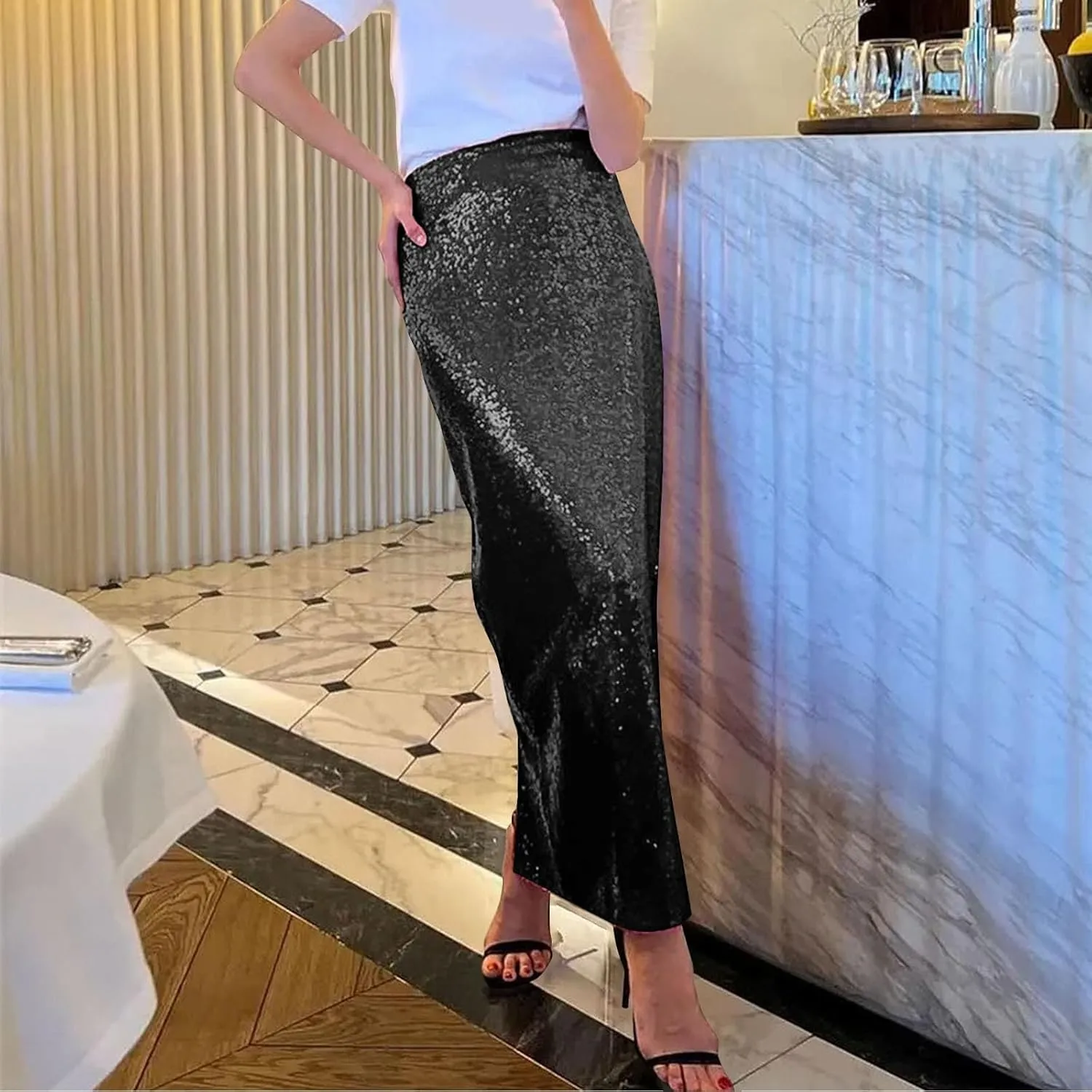 Sequin Skirt for Women-Stretchy Bodycon Women Elastic Waist Elastic Straight Long Skirt Swing A line Holiday Skirts