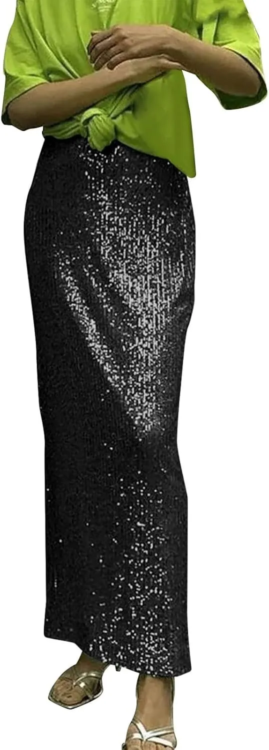 Sequin Skirt for Women-Stretchy Bodycon Women Elastic Waist Elastic Straight Long Skirt Swing A line Holiday Skirts