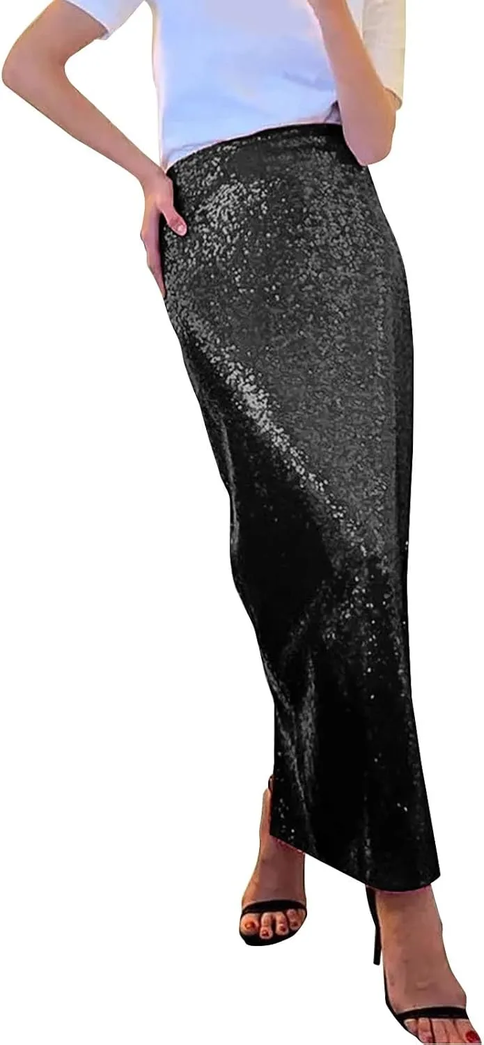 Sequin Skirt for Women-Stretchy Bodycon Women Elastic Waist Elastic Straight Long Skirt Swing A line Holiday Skirts
