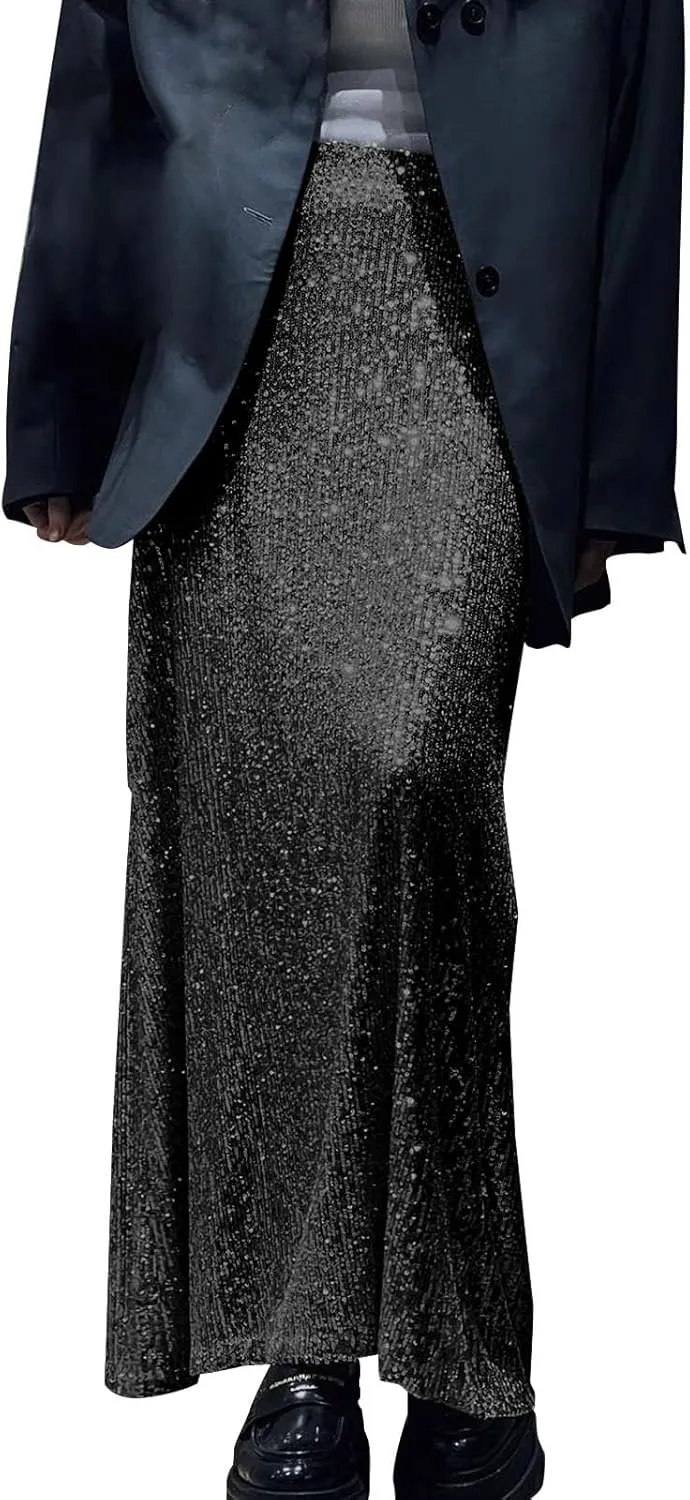 Sequin Skirt for Women-Stretchy Bodycon Women Elastic Waist Elastic Straight Long Skirt Swing A line Holiday Skirts