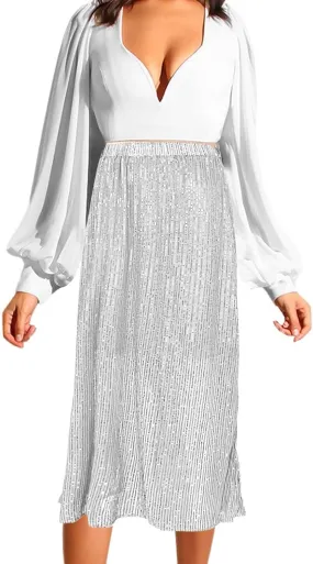 Sequin Skirt for Women-Stretchy Bodycon Women Elastic Waist Elastic Straight Long Skirt Swing A line Holiday Skirts