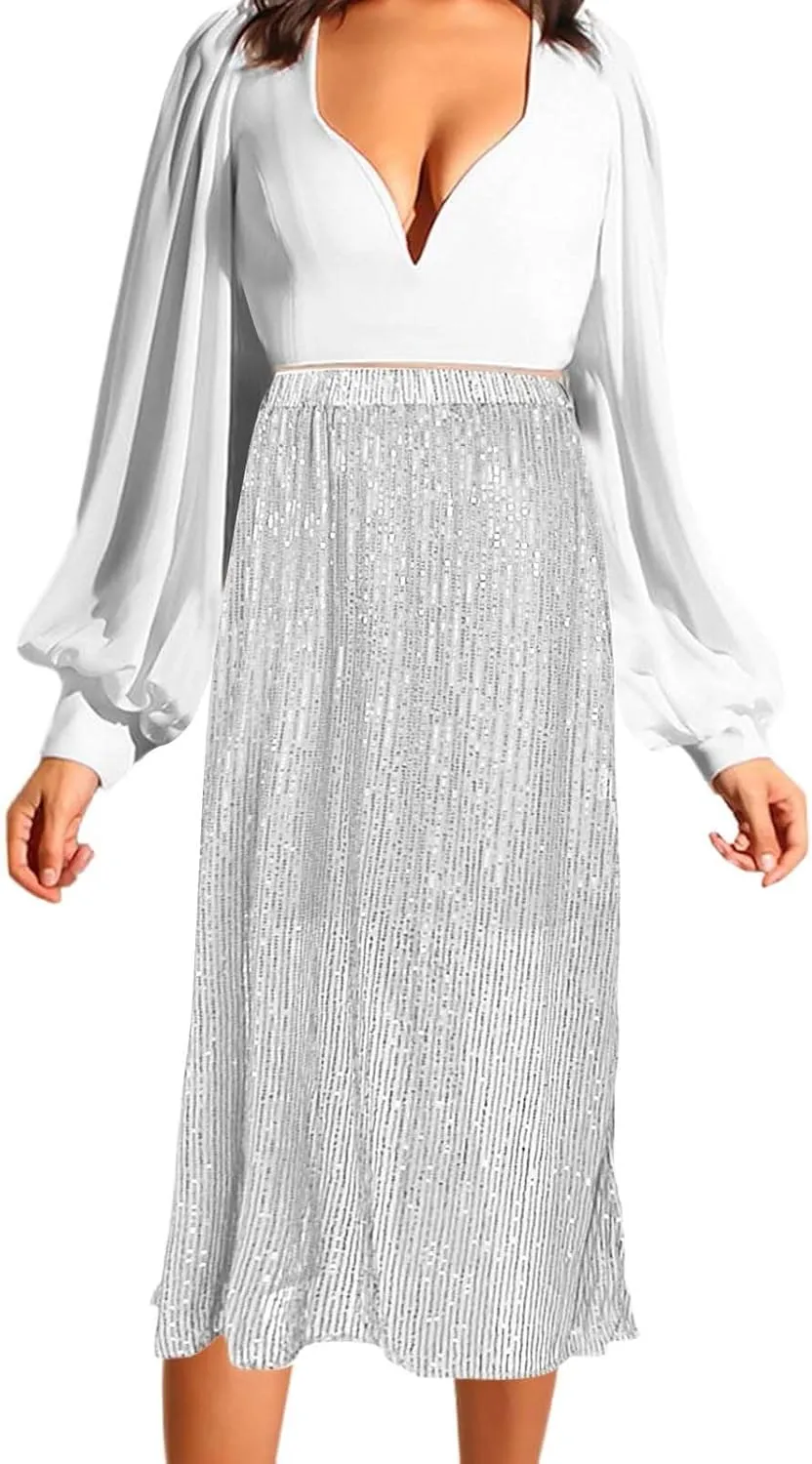 Sequin Skirt for Women-Stretchy Bodycon Women Elastic Waist Elastic Straight Long Skirt Swing A line Holiday Skirts