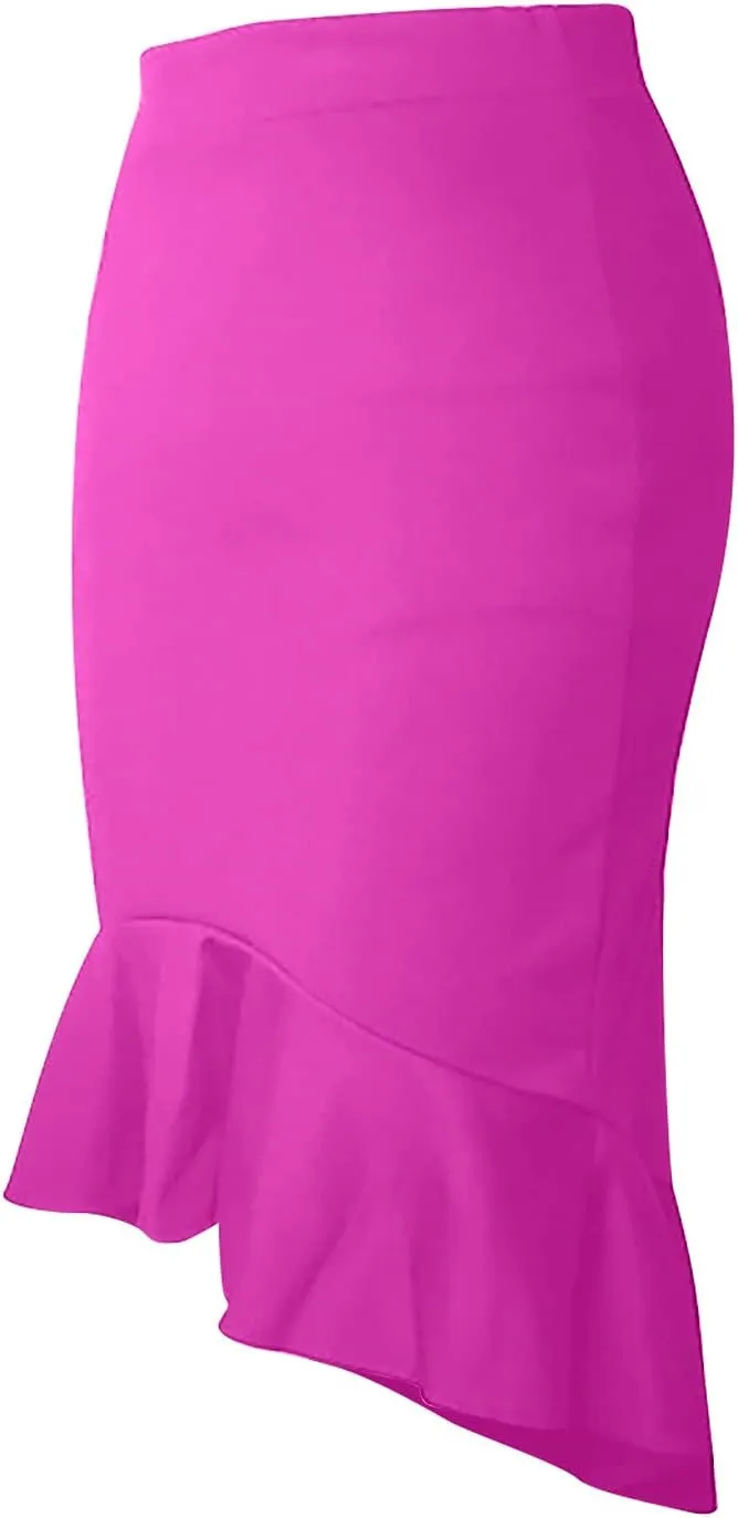 SERYU Women's High Waist Stretchy Ruffle Hem Fishtail Bodycon Midi Pencil Skirt