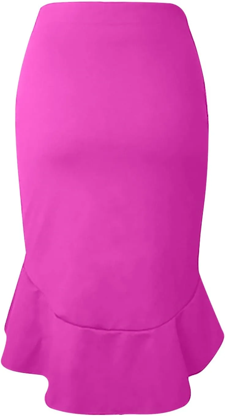 SERYU Women's High Waist Stretchy Ruffle Hem Fishtail Bodycon Midi Pencil Skirt