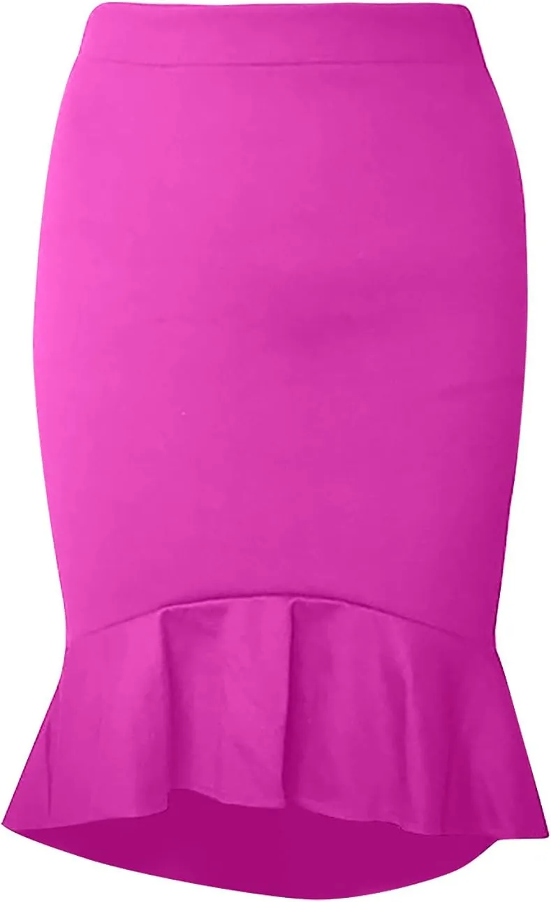 SERYU Women's High Waist Stretchy Ruffle Hem Fishtail Bodycon Midi Pencil Skirt