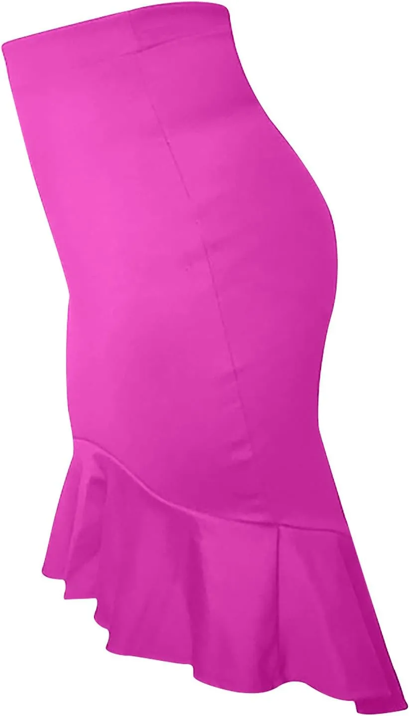 SERYU Women's High Waist Stretchy Ruffle Hem Fishtail Bodycon Midi Pencil Skirt