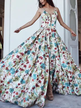 Sexy Deep Floral Printed Bohemian Maxi Evening Party Dresses