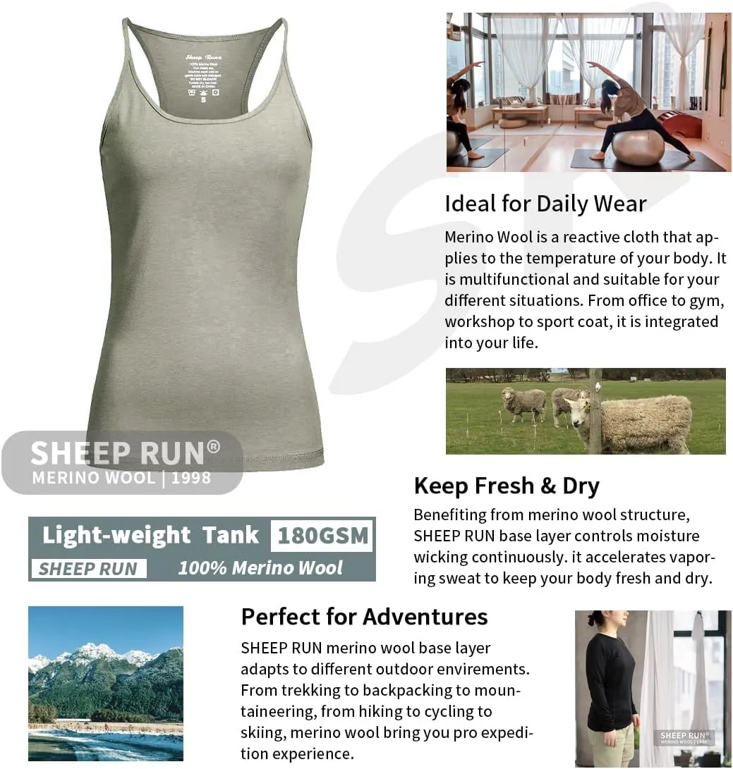 SHEEP RUN Merino Wool Camisole Racerback Tank Top Yoga Shirt Breathable Light-Weight Shirt