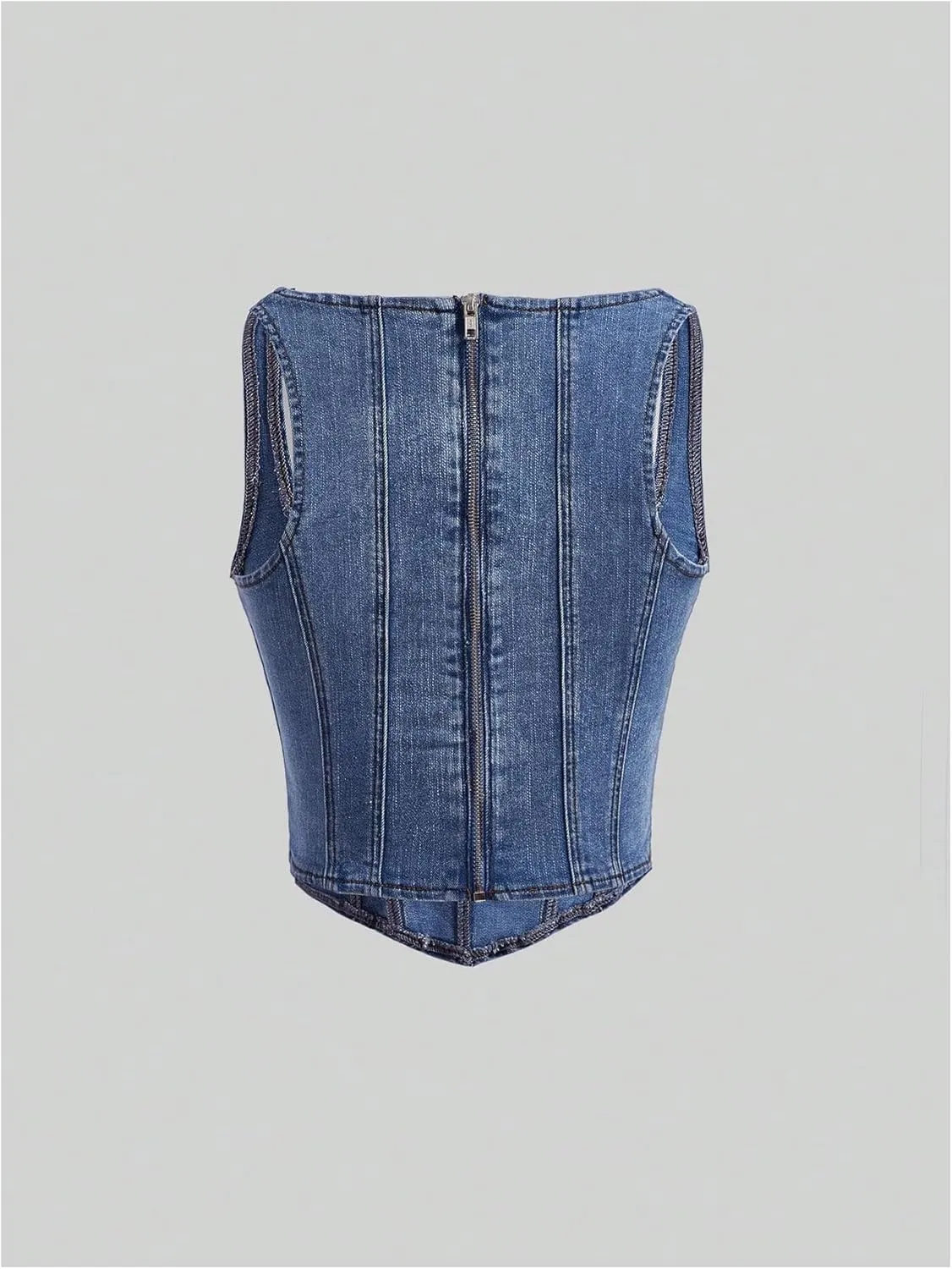 SHENHE Women's Vintage Denim Tank Top Square Neck Zip Back Asymmetrical Jean Crop Top