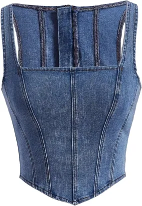 SHENHE Women's Vintage Denim Tank Top Square Neck Zip Back Asymmetrical Jean Crop Top