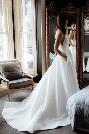 Simple Round Neck Satin Ivory Wedding Dresses With Pockets Long Wedding SWKPG7X4QMY