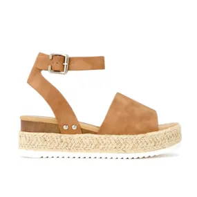 Soda Topic Open Toe Buckle Ankle Strap Espadrilles Flatform Wedge Casual Sandal (8, Tan)