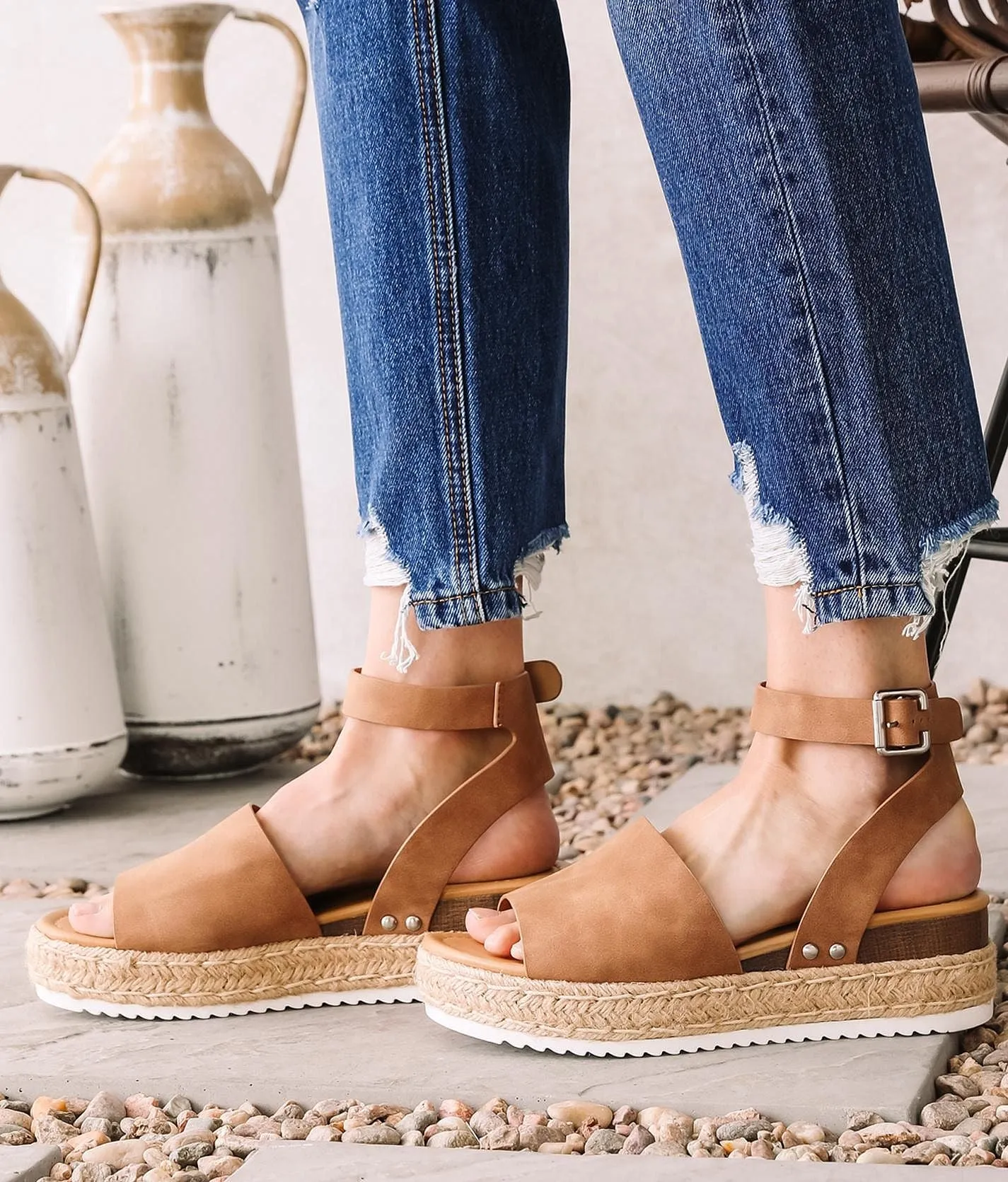 Soda Topic Open Toe Buckle Ankle Strap Espadrilles Flatform Wedge Casual Sandal (8, Tan)