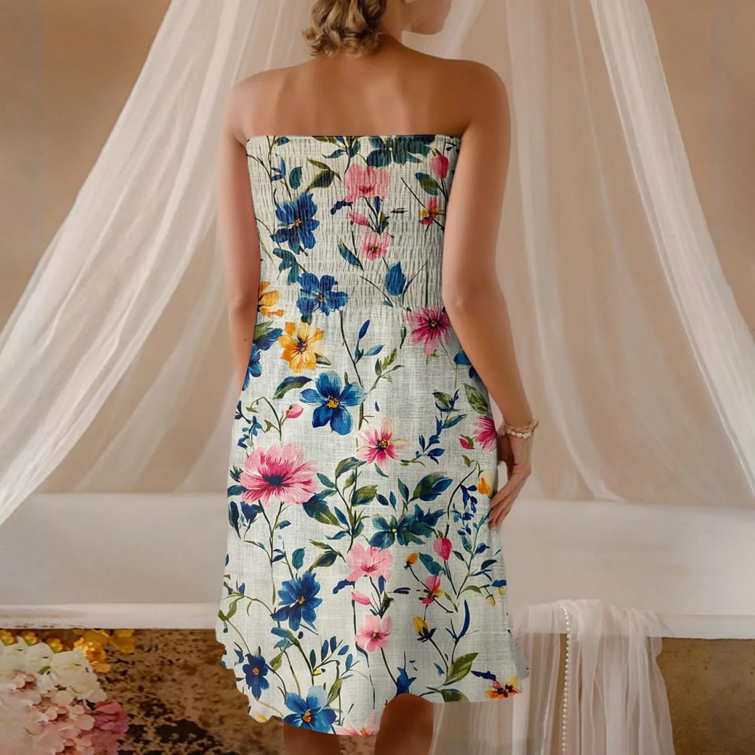 Summer Dresses for Women Strapless Boho Floral Mini Dress Casual Beach Cover Ups Tube Tops Sundress
