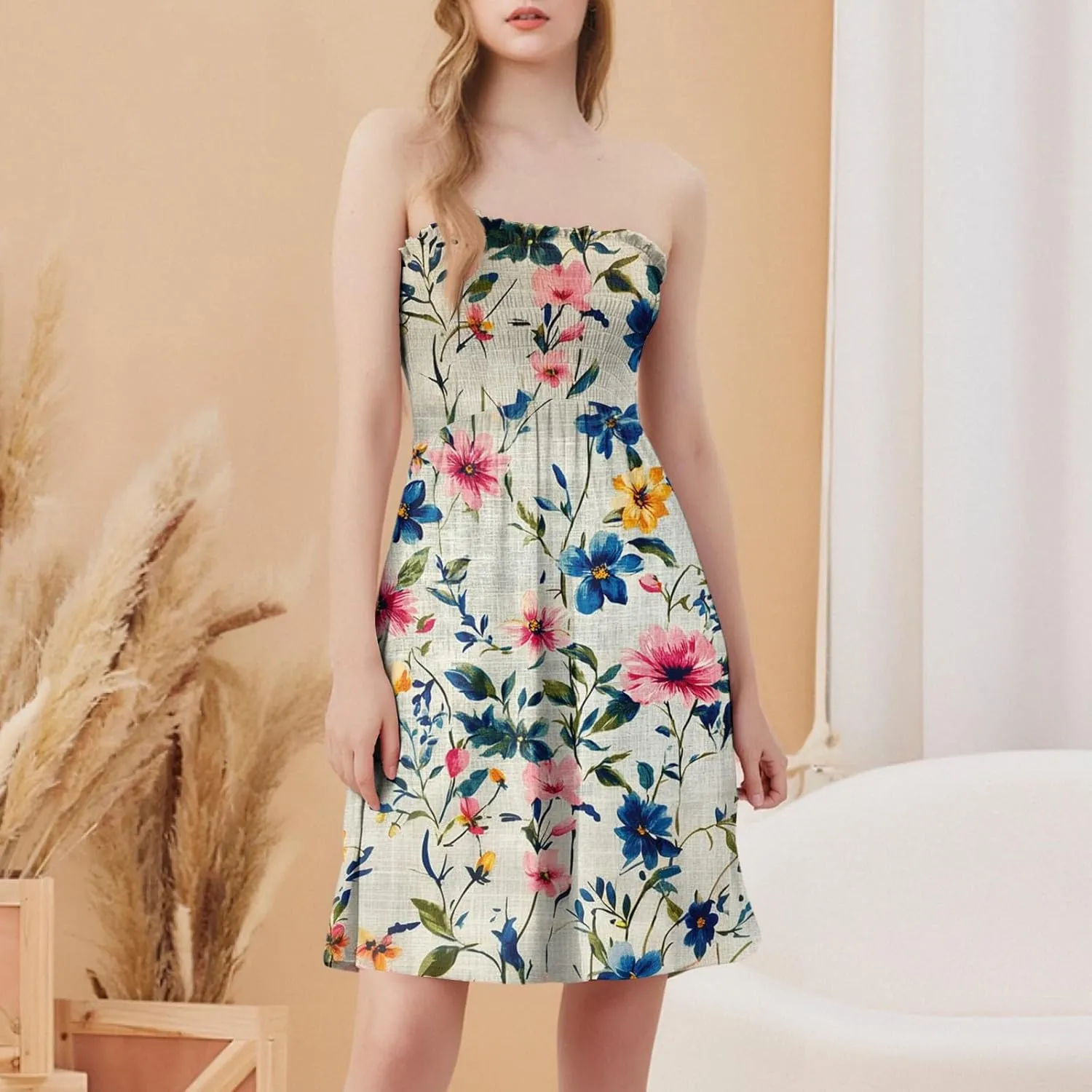 Summer Dresses for Women Strapless Boho Floral Mini Dress Casual Beach Cover Ups Tube Tops Sundress
