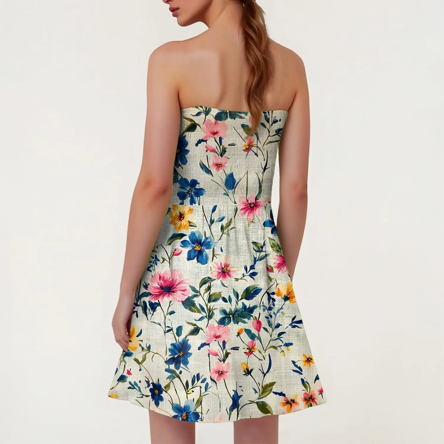 Summer Dresses for Women Strapless Boho Floral Mini Dress Casual Beach Cover Ups Tube Tops Sundress