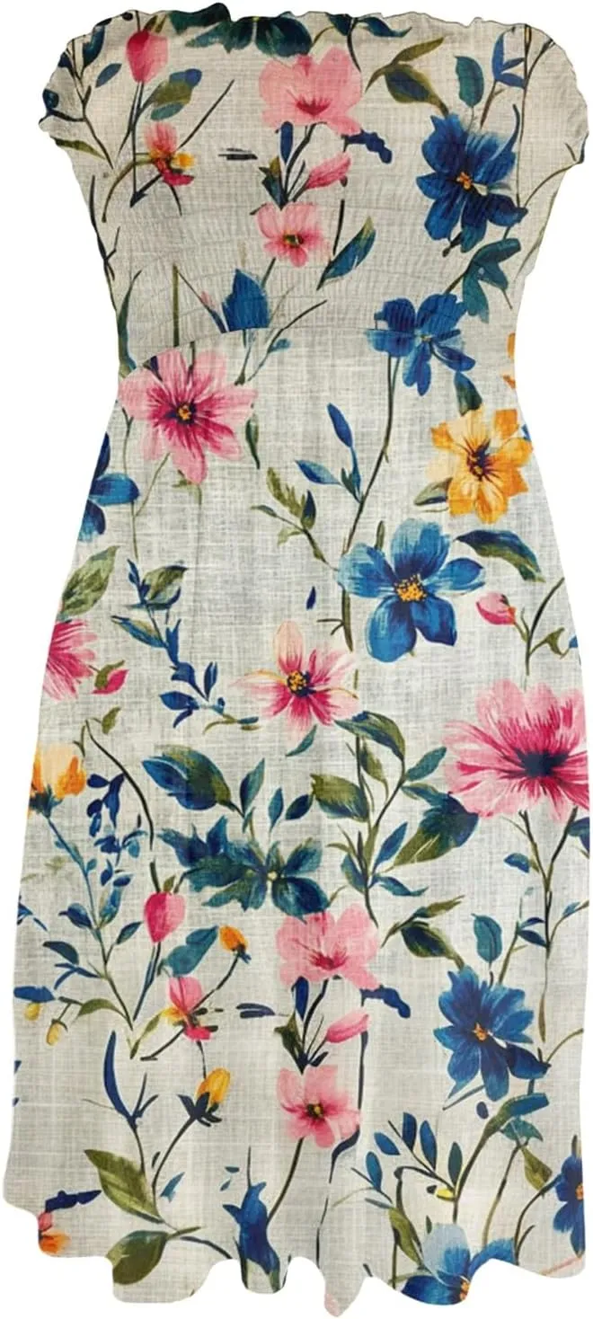 Summer Dresses for Women Strapless Boho Floral Mini Dress Casual Beach Cover Ups Tube Tops Sundress