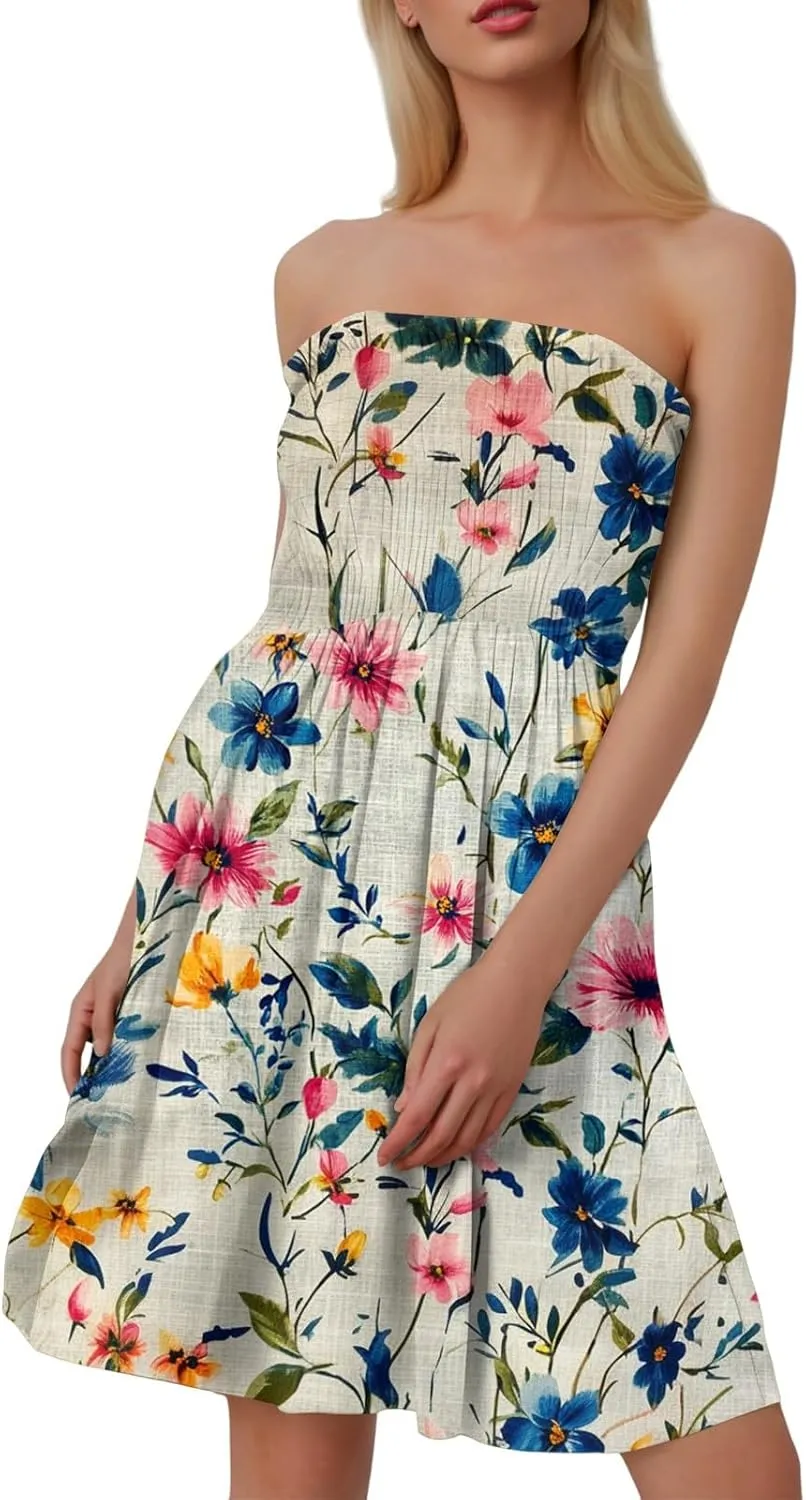 Summer Dresses for Women Strapless Boho Floral Mini Dress Casual Beach Cover Ups Tube Tops Sundress
