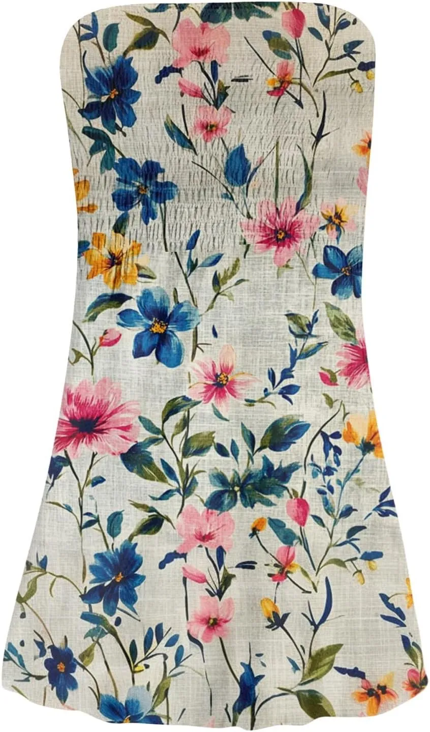 Summer Dresses for Women Strapless Boho Floral Mini Dress Casual Beach Cover Ups Tube Tops Sundress